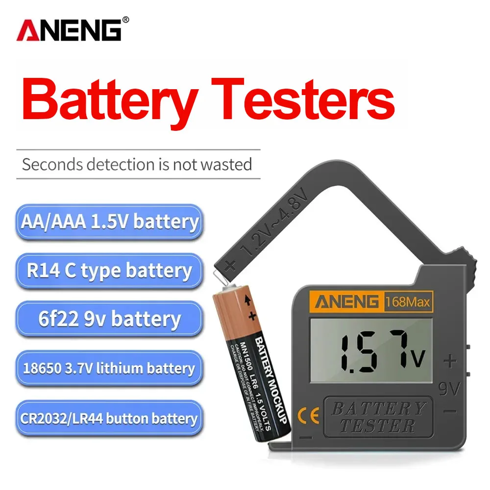 Probadores de batería ANENG 168Max Probador de capacidad digital Analizador de carga portátil de alta precisión AAA AA 9V Probador de pilas de botón