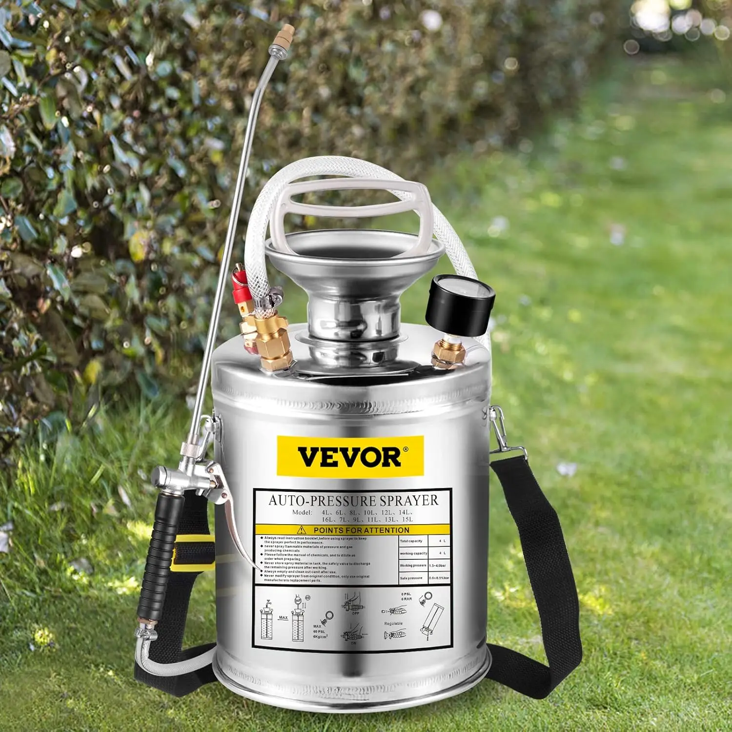 

Stainless Steel Garden Sprayer Gallon Pump Wand Hose Pressure Gauge Safety Valve Adjustable Nozzle Lawn Sanitizing