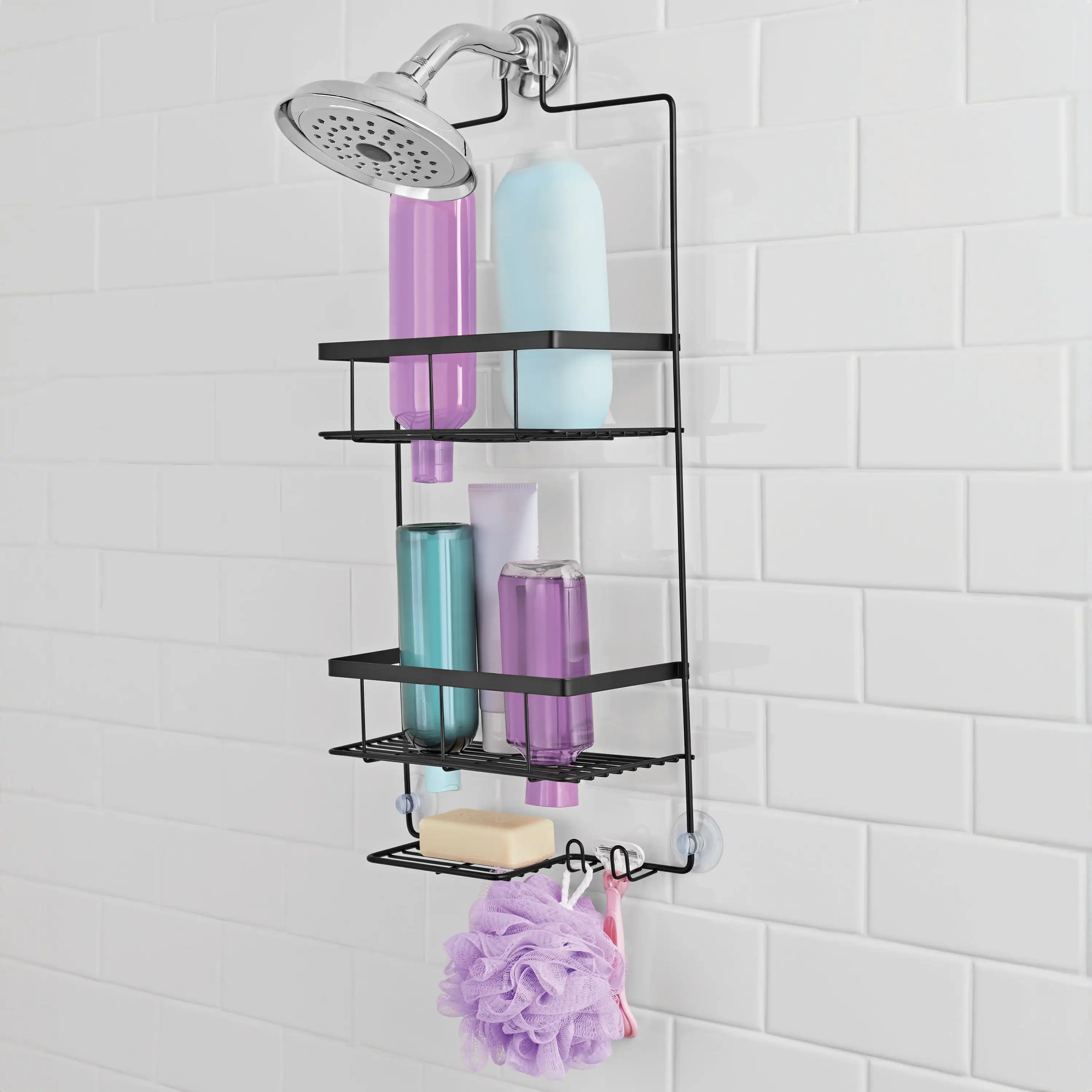 

Premium Hanging Shower Caddy with 2 Shelves and Soap Tray, Matte Black