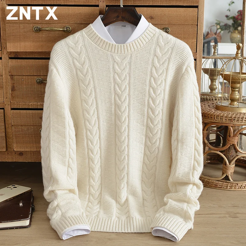 ZNTX 2024 new cashmere sweater for men 100% pure cashmere super thick winter warm jacquard knit casual loose sweater for youth