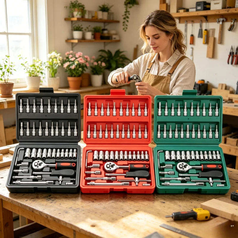 

Red Black Green 46Pcs 1/4 Inch Socket Tool Kit, Portable Ratchet Wrench Set for Auto and Home Daily Maintenance
