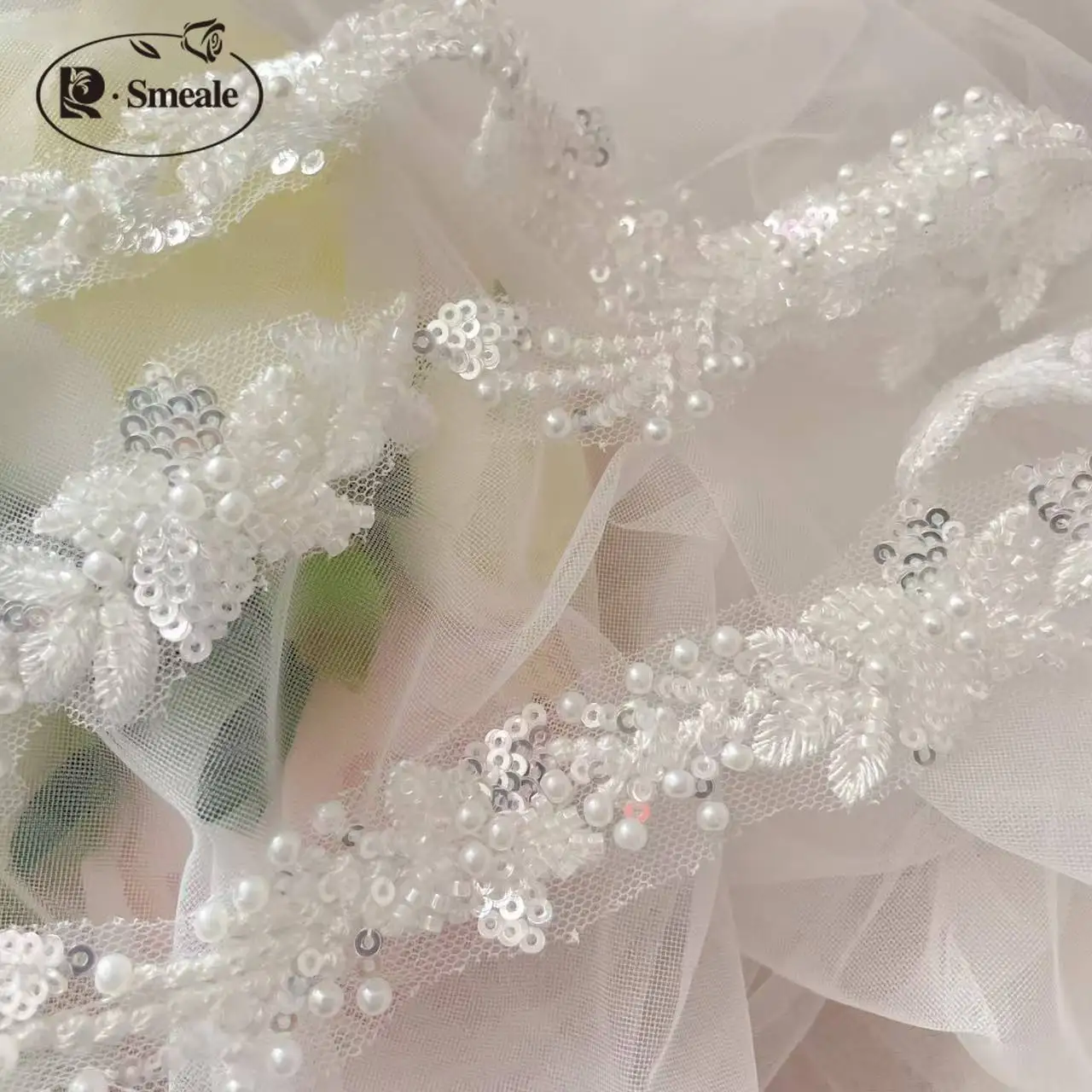 3 Yards/Packung Hochwertige weiße Perlenstickerei-Spitze, Kopfschleier, Hochzeitskleid, Dekorationszubehör, handgefertigte Spitze für DIY. – Detail 6
