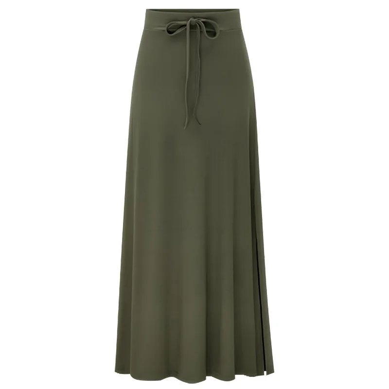 

Women Plus Size Soft Knit Long Skirt, High Waist Drawstring Split Elastic Slim A-line Skirt