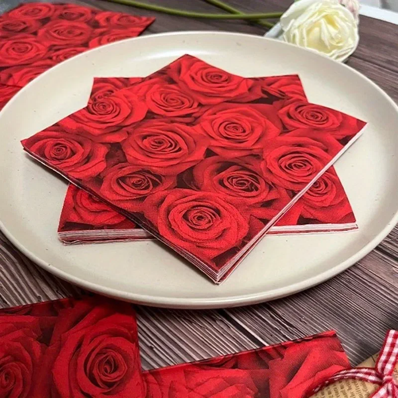 40pcs Red Rose Flower Disposable Printed Paper Napkin Party Dinner Paper Towel 33*33cm Square Tissue for Wedding Table Layout
