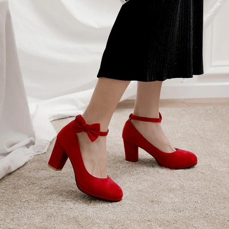 Ankle Strap High Heels Sweet Bowknot Women's Pumps Flock Woman Thick Heel Mary Jane Women Party Shoes Ladies Footwear 33-43