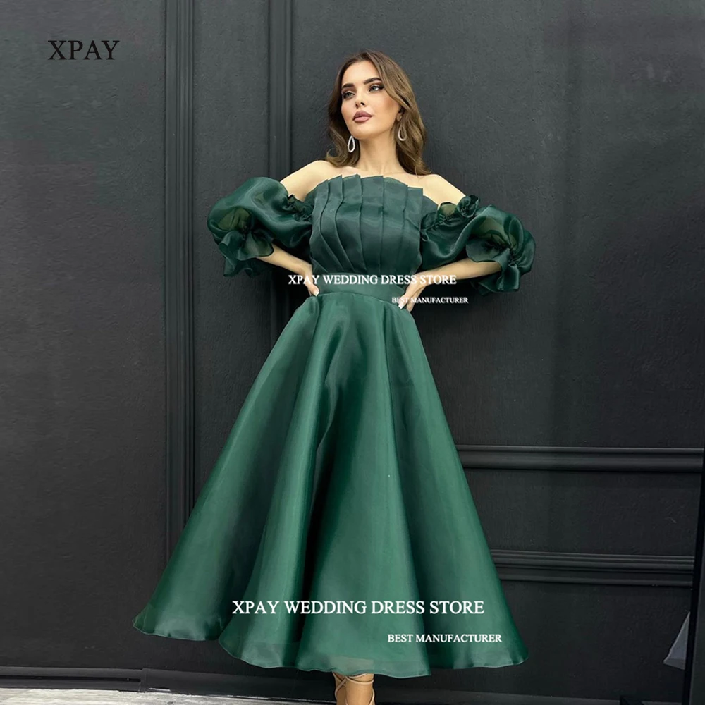 

XPAY Modest A-Line Ankle-Length Prom Dress Pleated Strapless Puff Sleeves Dubai Arabia Women Evening Gowns Cocktail Party Dress