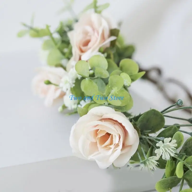 HX6F 花嫁のウェディングヘッドバンドボヘミアンクラウン花輪リアルなフラワーリースかぶと