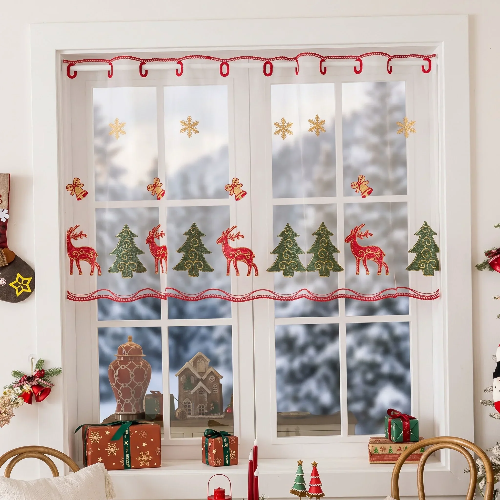 1PC Christmas embroidered curtain,reindeer and Christmas tree snowflake pattern,Christmas decoration pole pocket kitchen curtain