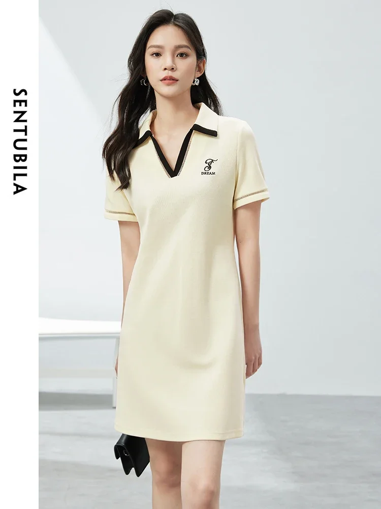 SENTUBILA, vestidos de camiseta de verano para mujer, novedad de 2024, jersey recto de manga corta con cuello en V en contraste, vestido informal para mujer 142L53992