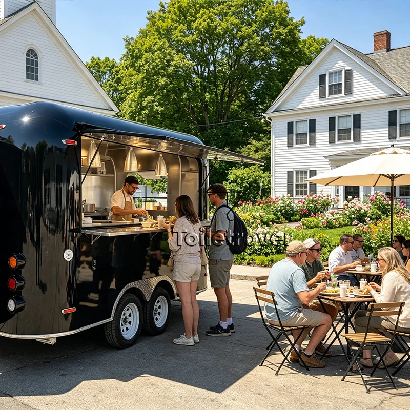 Outdoor Towable Restaurant Food Trailer French Fries Fast Food Truck Tacos Hot Dog Mobile Black Food Trailer with DOT