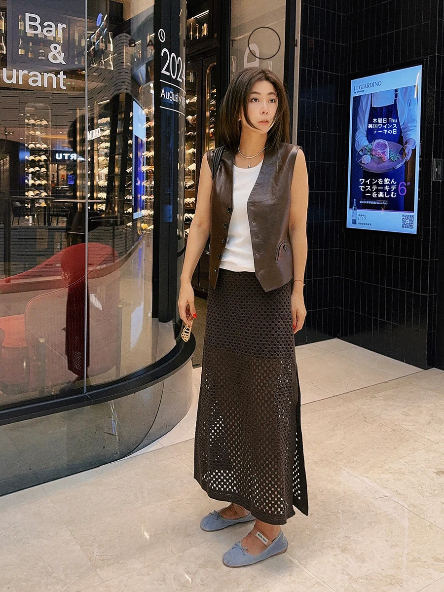 

BackAtOne Casual Crochet Net Flower Coffee Hollow out Skirt Women's Commute Style A-Line Skirt Cotton Polyester Blend