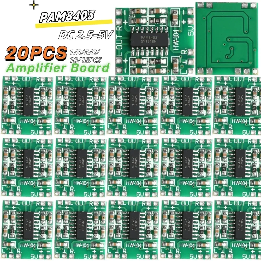 PAM 8403 Mini Placa Amplificadora de Potência Digital, Módulo Amplificador de Áudio Estéreo, Classe D, 1-20Pcs, 2x3W, 5V