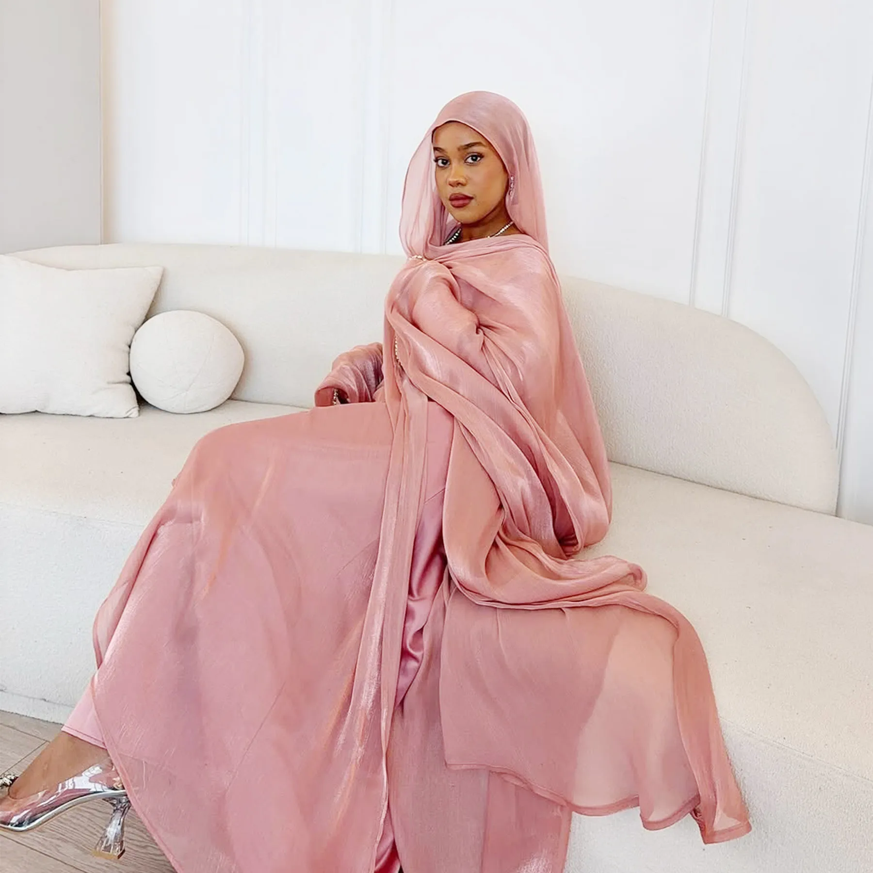 Muslim Set 3-Pieces Women Kimono Cardigan Diamonds Open Abaya Inner Dresses Scarf Arabic Robe Dubai Turkey Islamic Clothing Arab