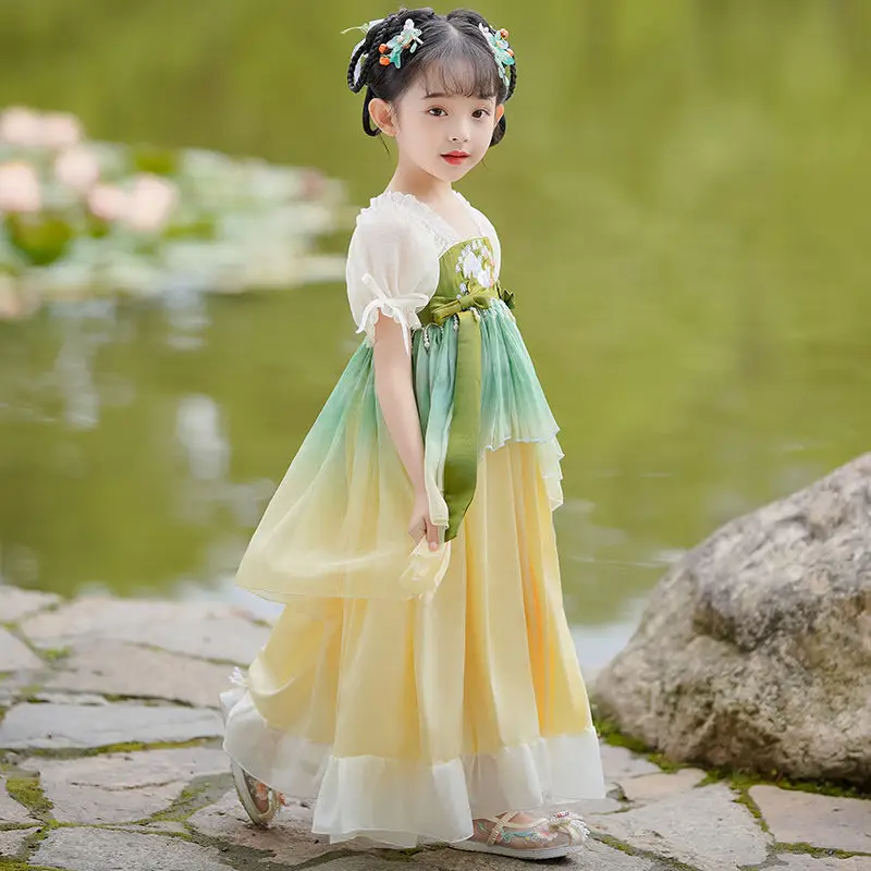 Summer Hanfu Girls' Ancient Chinese Princess Embroidered Dress Set