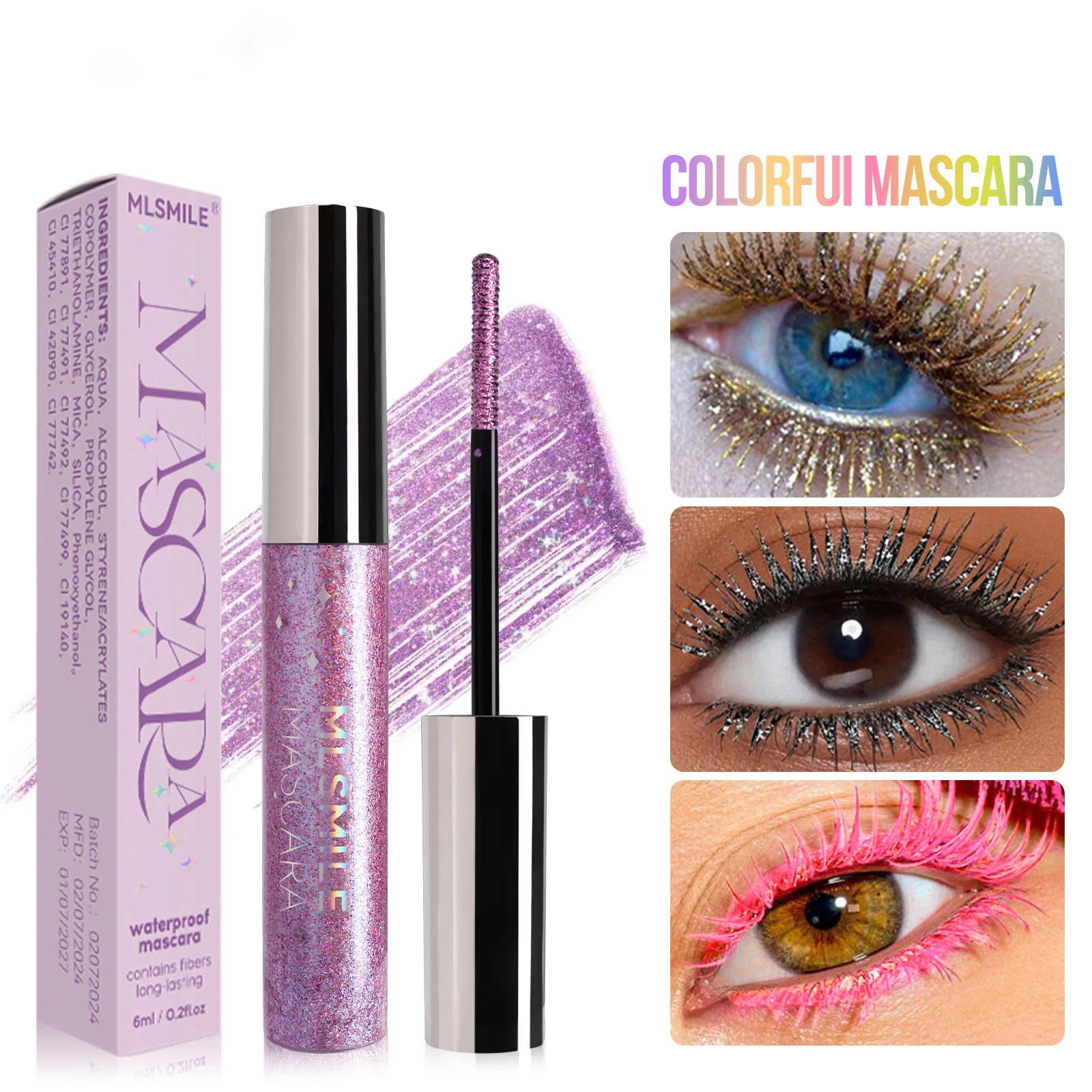 1pc ダイヤモンドシャイン防水ボリュームカールマスカラグリッタースノーエフェクト、汚れ防止アイメイクすべての肌タイプの女性化粧品
