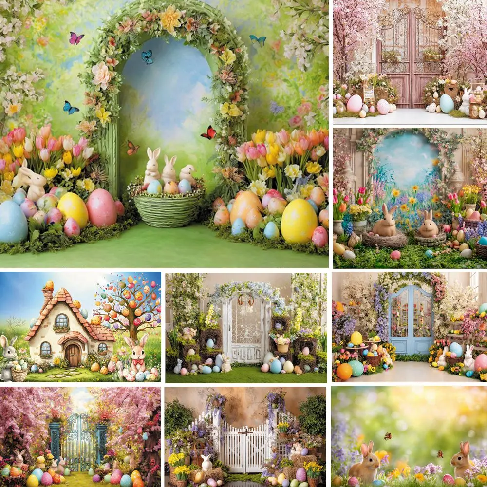 

Spring Easter Photography Background Flowers Colorful Eggs Rabbit Indoor Outdoor Easter Party Baby Kids Portrait Photo Backdrop