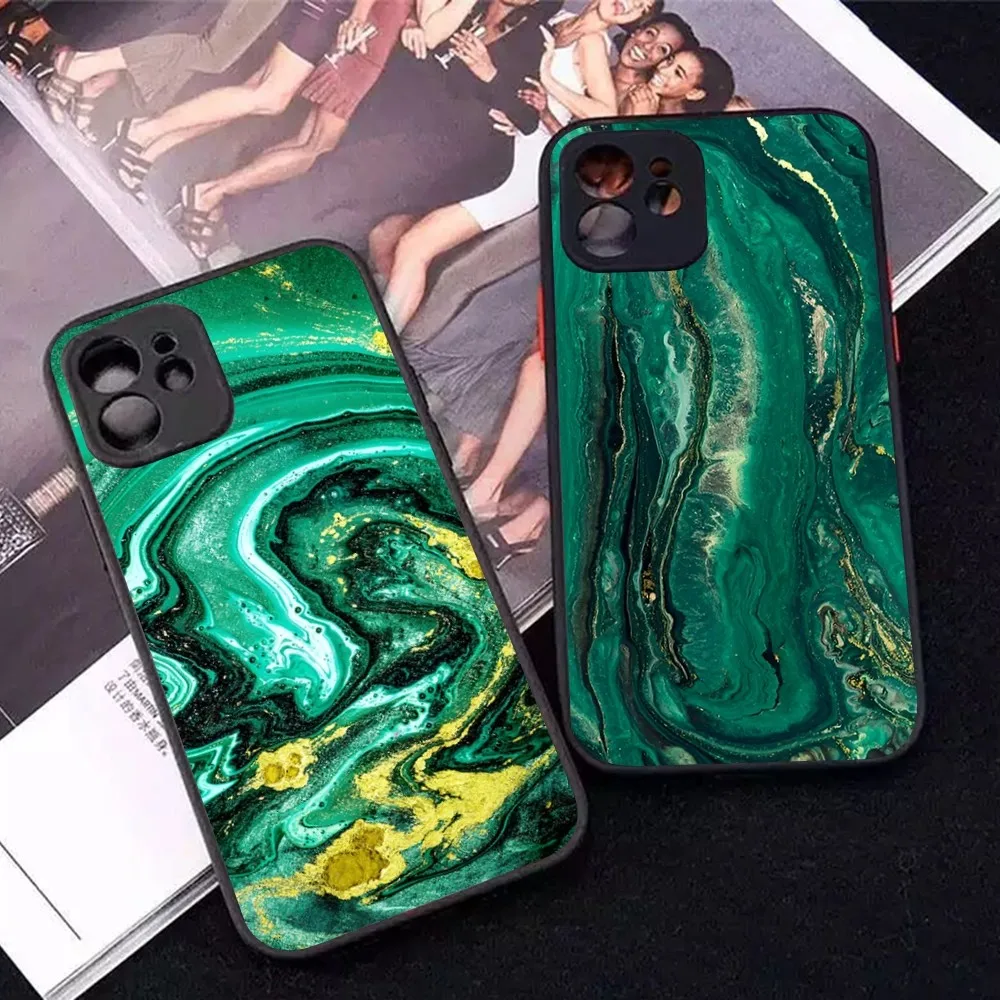 Emerald Green Jade Stone Pattern Phone Case for iPhone 14 11 12 13 Mini Pro Max 8 7 Plus X XR XS MAX Translucent Matte Cover