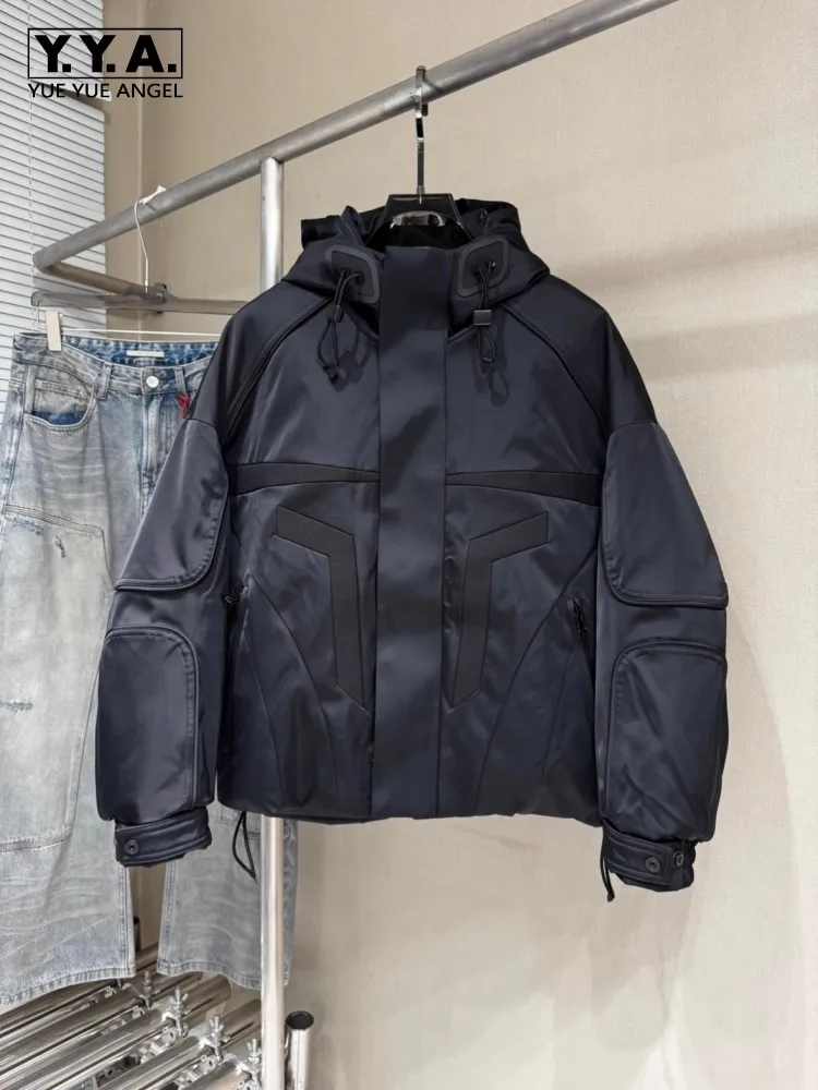 

Winter Spliced Black Men Hooded Down Coat American Style Motorcycle Puffer Jacket Loose Fit Zip Waterproof Jackets Casual Coats