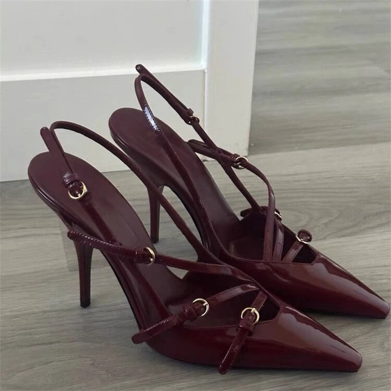 Buckle Strap Sexy Pointed Toe Ladies Shoes Slingback Match Skirt Women Shoes Elegant Fashion Glossy Solid Color Stiletto Sandals