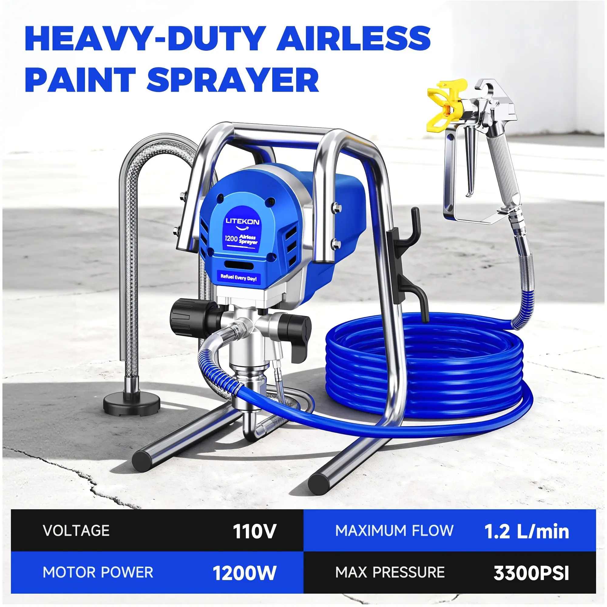 

1200W Airless Paint Sprayer — 3300 PSI High-Pressure, 40.58 oz/min Flow Rate, Compact Design for Walls, Furniture, Cabinets, Fences & DIY Auto Touch-Ups — Reduced Overspray, Efficient Coverage, Easy Clean & Portable Use