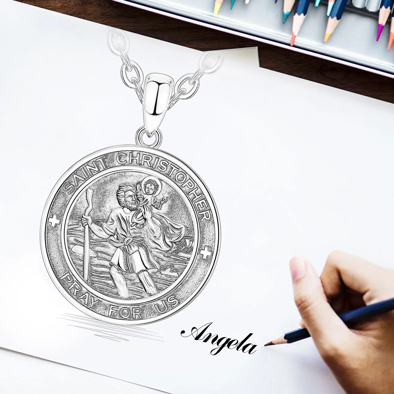 Eudora 925 Sterling Silver St Christopher Necklace Vintage Medallion Cross Pendant for Men Women Personality Religious Jewelry