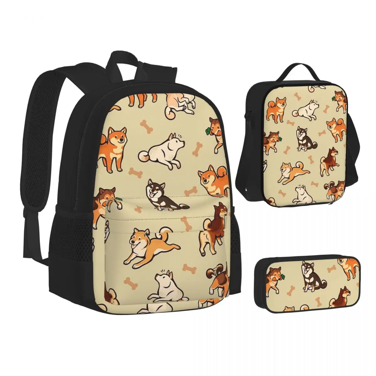 Shiba Inu Lovely Cute Dogs In Cream Backpacks Boys Girls Bookbag School Bags Kids Rucksack Lunch Bag Pen Bag Three-Piece Set