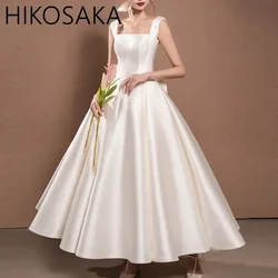 Maßgeschneiderte Vintage kurze Tee-Länge Brautkleider einfache U-Ausschnitt Ballkleid Satin Empfang Frauen zweite Hochzeit Brautkleid