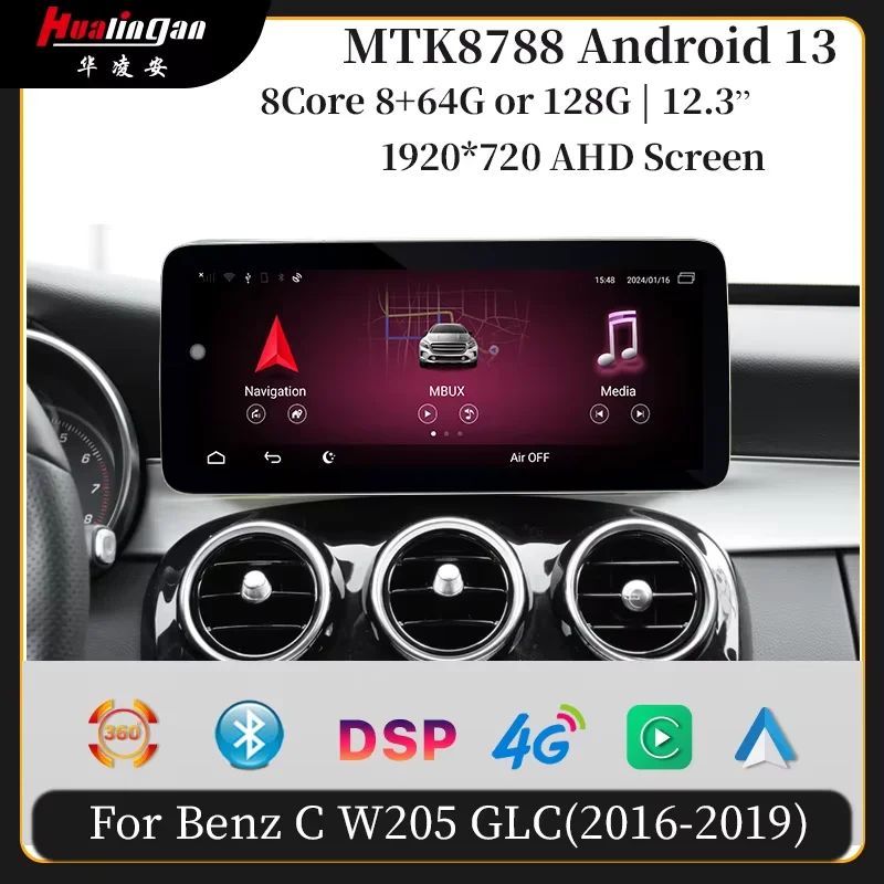 Hualingan For Mercedes W205 Screen Upgrade 12.3inch Apple Carplay Android Auto Multimedia Head Unit WIFI 4G Games, Music, Movies