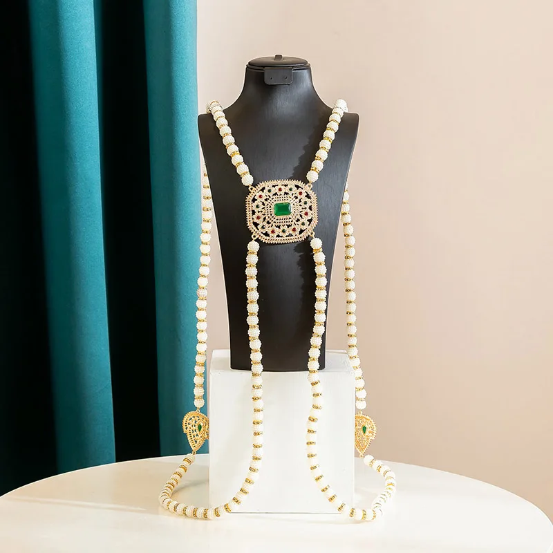 حزام خلفي أنيق مرصع باللؤلؤ والأحجار الكريمة، إكسسوار زفاف رائع لفساتين الزفاف العربية/العرقية والمناسبات التقليدية