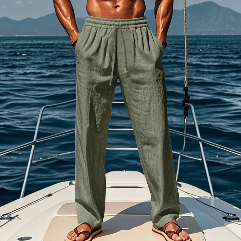 2026 Spring Summer Men Cotton Linen Pants Solid Color Loose Fit Casual Drawstring Trousers Breathable Straight Leg Pants