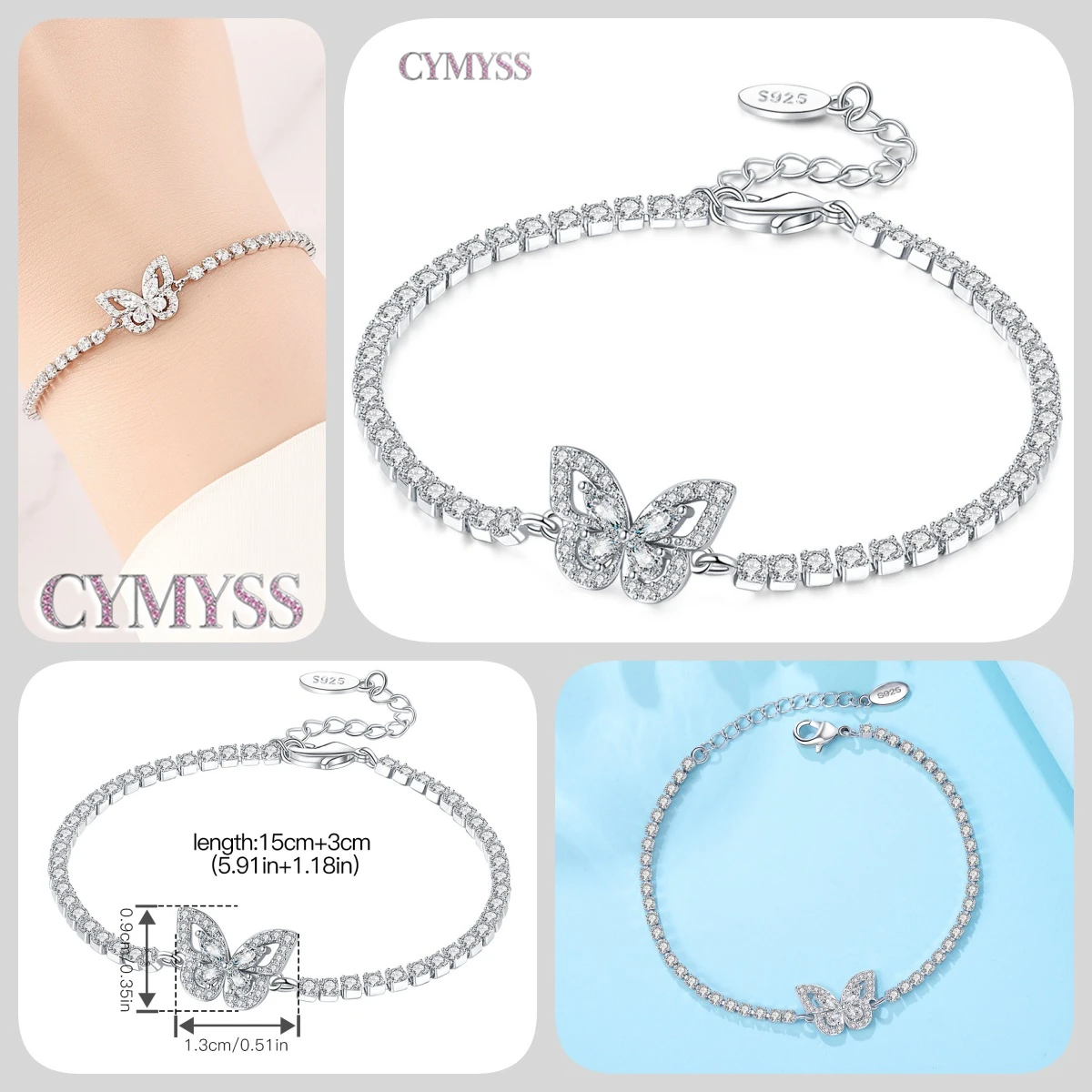 Zierliches Tennisarmband aus 925er Sterlingsilber mit Schmetterlingsanhänger und eingelegtem Zirkonia, edler Schmuck für Frauen, Hochzeits- und Geburtstagsgeschenk – Detail 1