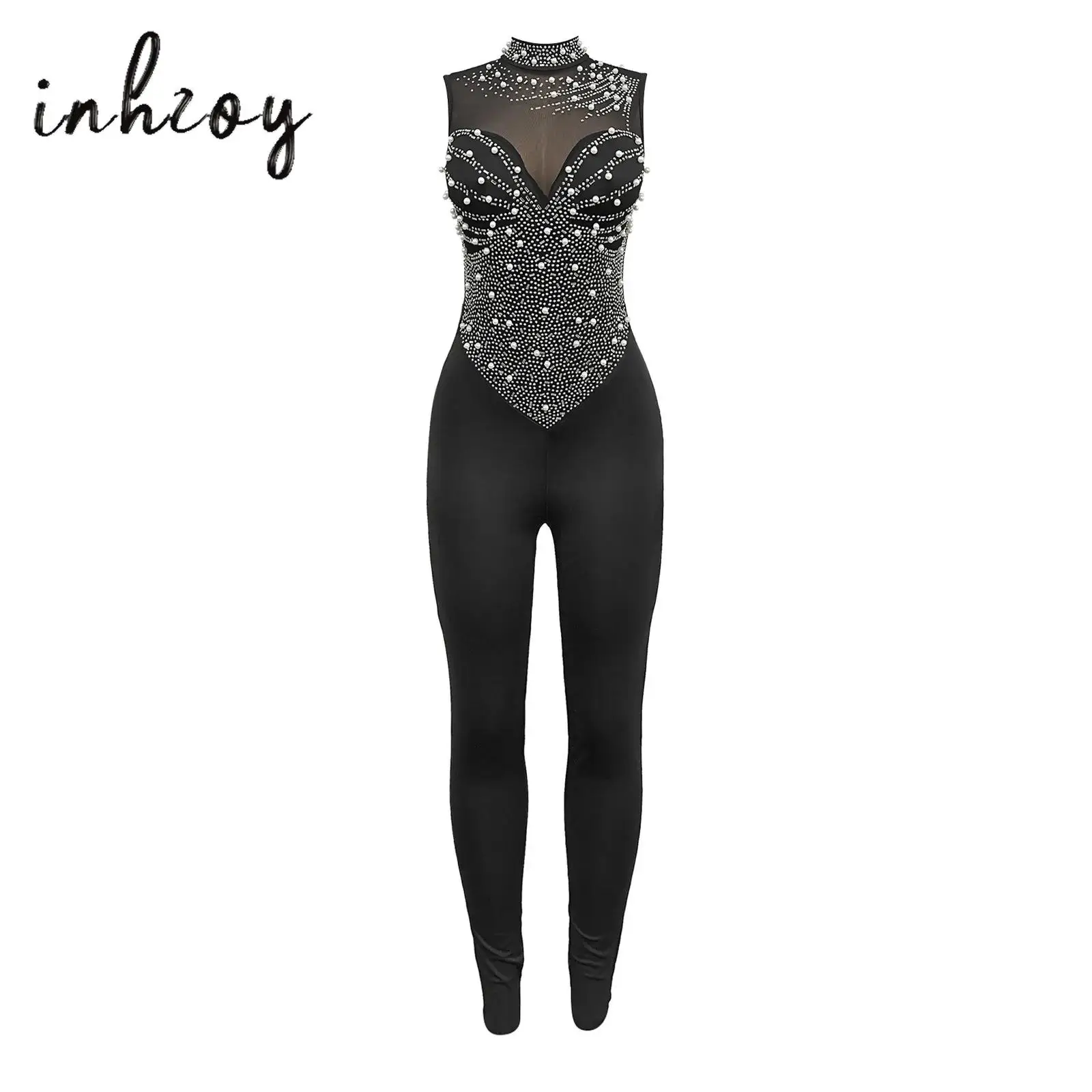 

Womens Glittery Rhinestone Figure Skating Gymnastic Jumpsuit Mock Neck Sleeveless Sheer Mesh Patchwork Rompers Dance Bodysuit