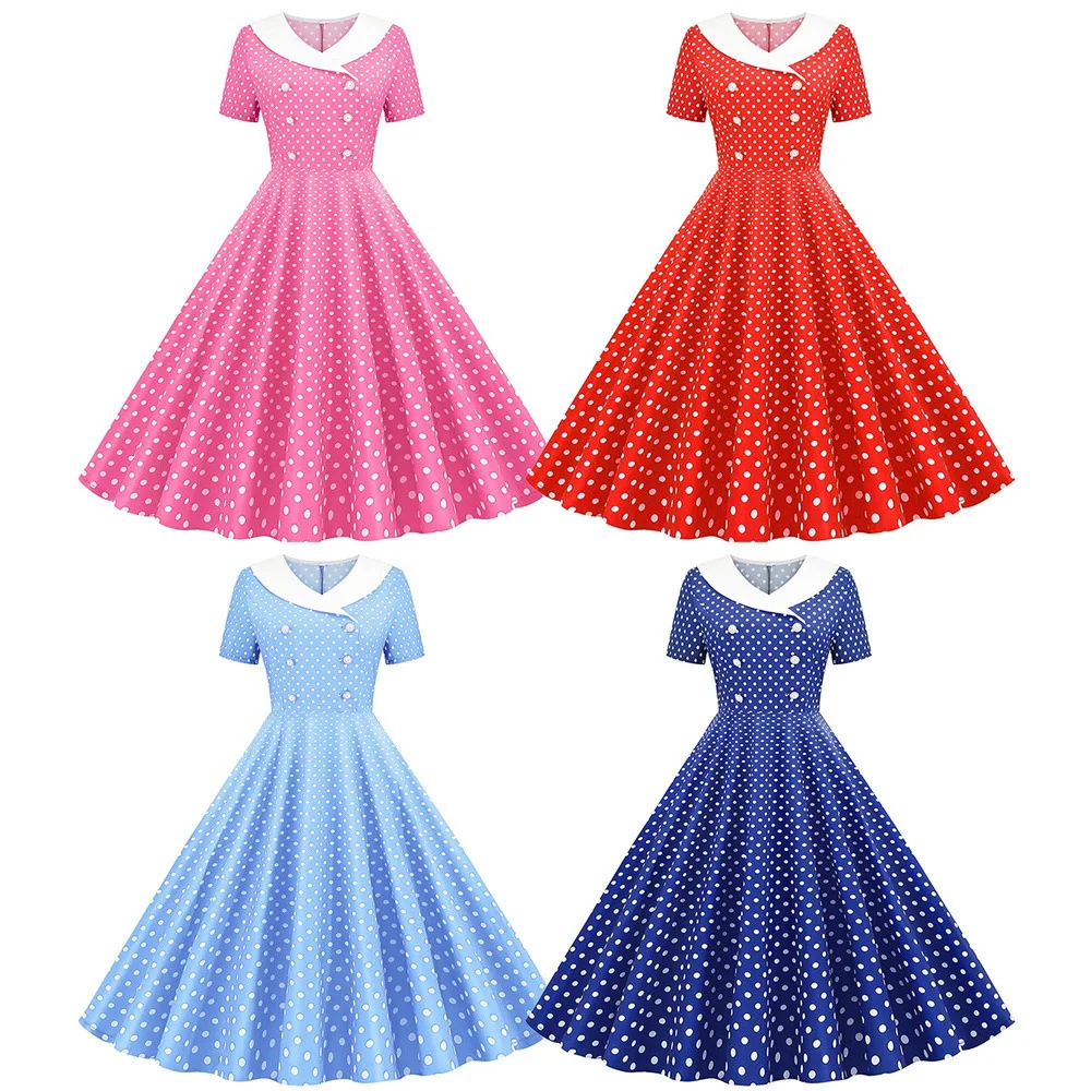 

90s Vintage Polka Dot Printed Party Dress Women Retro Evening Party Prom Swing Dress Ladies Elegant A-line Dresses Vestido