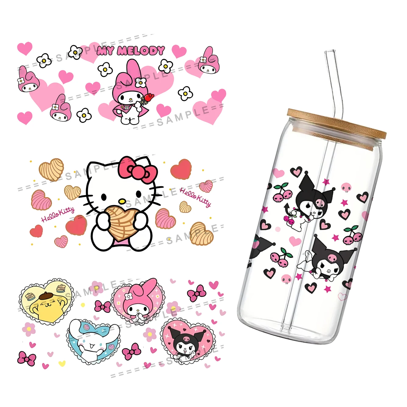 Sanrio Valentine's Day Theme For Libbey 16oz Can Glass 3D Waterproof UV DTF Coffee Can Wrap Libbey Glass Wrap