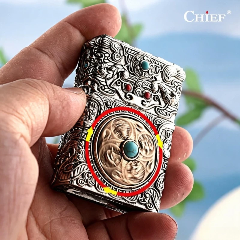 CHIEF Retro Cloud Pattern Four Symbols Embossed Fuel Lighter, Rotating Stress-Relief Vintage Grind Wheel Lighter, Gift for Men
