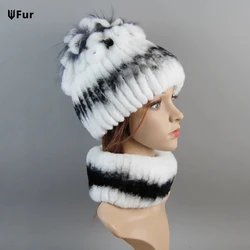 2024 Women Winter Luxury Knitted Rex Rabbit Fur Hats With Silver Fox Fur Cap Scarves Sets Real Rex Rabbit Fur Hat Scarf 2 Pieces