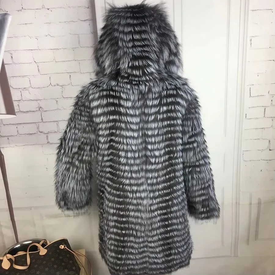 CNEGOVIK New Fashion Silver Fox Fur Coat With Hood Fur Coat Silver Fox Real Fur Coat 90CM Length Women Red Fox Fur Jacket