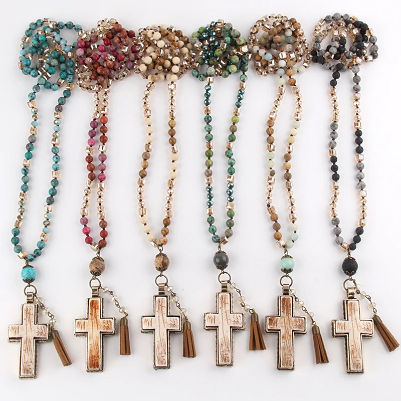 RH New Fashion Bohemian Jewelry Accessory Multi Natural Stones /Glass Crystal Knotted Tassel Cross Necklace Women Gift Dropship