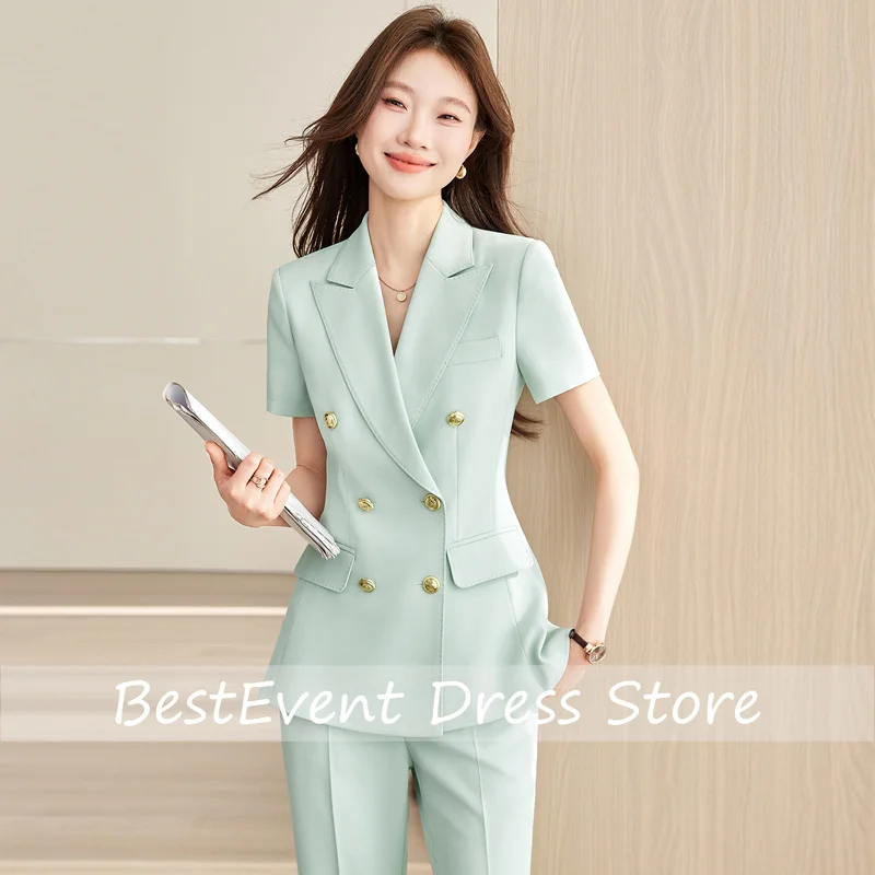 Naviu 2026 New Summer Office Lady Uniform Short Sleeve Pant Suits Trousers and Blazer Two Pieces Set High Quality Customized