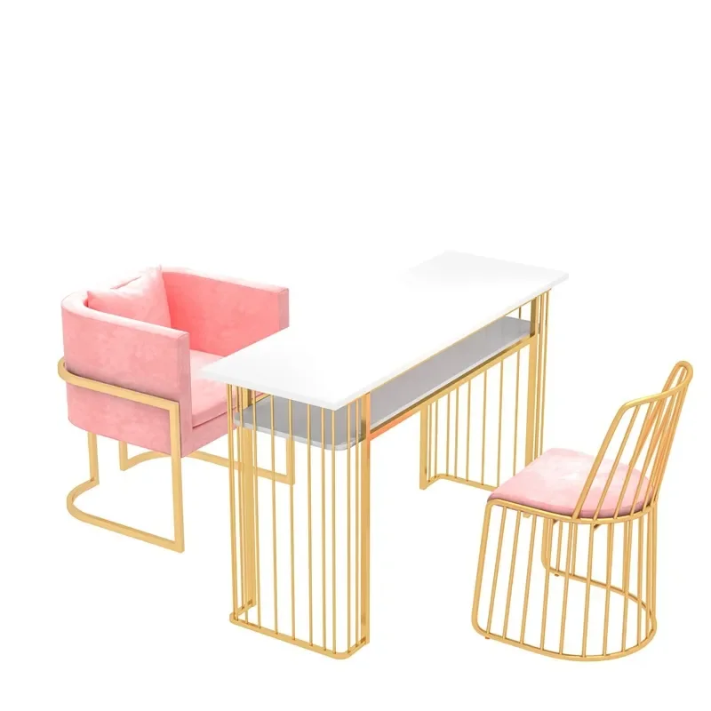 Nordic Marble Manicure Table Gold Frame Double Layer Nail Desk Simple Luxury Beauty Salon Station for Single or Double Use