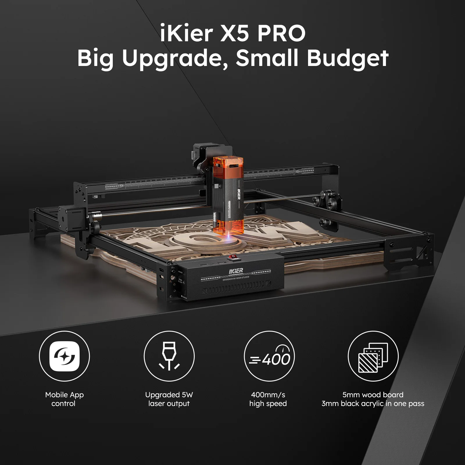 iKier X5 Pro: Potenza laser da tavolo aggiornata da 5 W per la lavorazione del legno Macchina per incisione laser ultrafine CNC fai-da-te