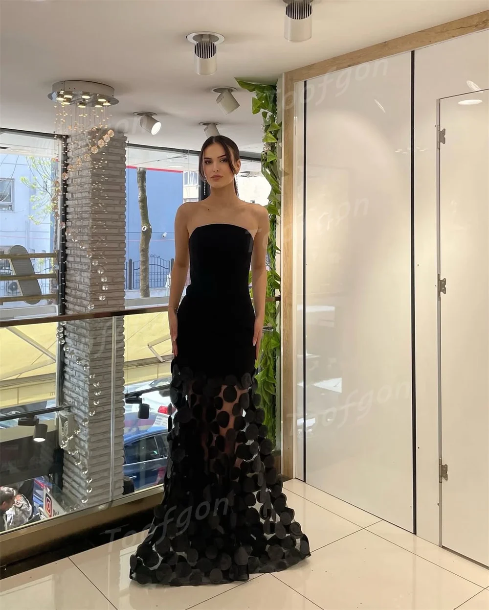 Toofgon Strapless Black Mermaid Long Evening Dresses Customized 3D Lace Skrit Special Occasion Formal Party Dress Prom Gowns