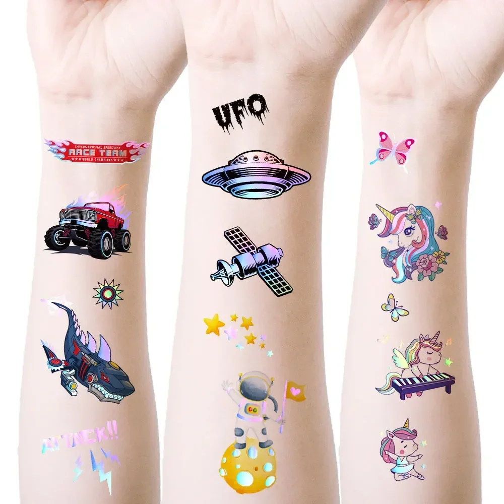 Pegatinas de tatuaje de dibujos animados láser para niños, tatuajes temporales impermeables, UFO, monstruo, diseño de unicornio, tatuaje de mano falso para coche