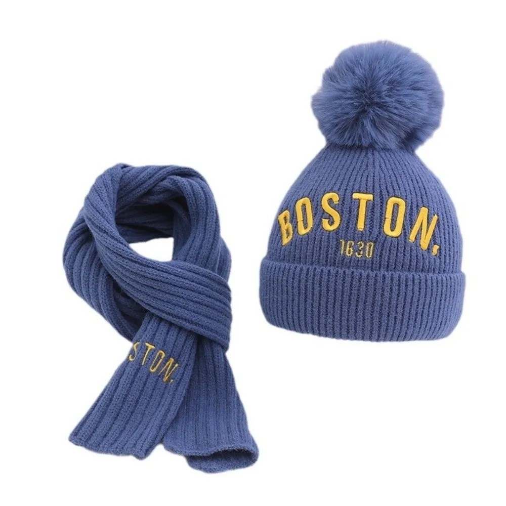 

New BOSTON Embroidery Scarf Hat Set Warm Windproof Neck Warmer Coldproof Pullover Cap Kids