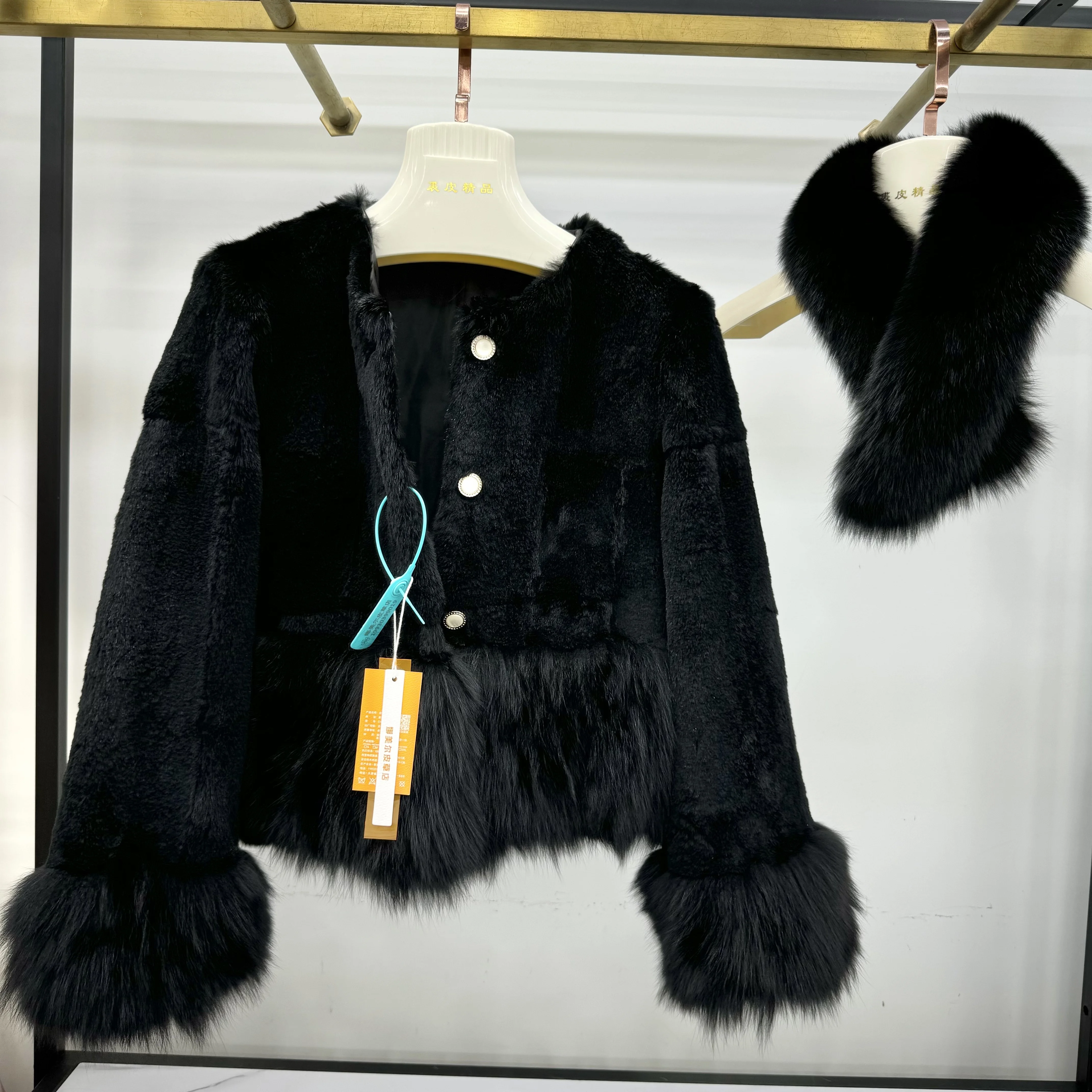 Rex Rabbit Coats with Fox Fur Collar Long Sleeve Round Neck Single Breasted Short Jacket Black 2024 Winter New Fashion