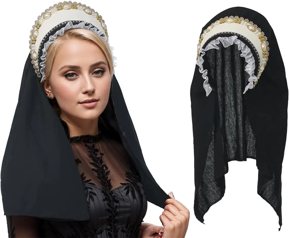 FAD-4U آن بولين قبعة تيودور غابل هود كاب إليزابيث أغطية الرأس عصر النهضة زي غطاء الرأس للنساء تأثيري الطرف