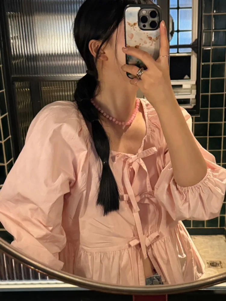 Chic Autumnal da donna lungo Sve irt con papillon colletto quadrato vestibilità ampia versatile finiture in pizzo con cintura design faionable