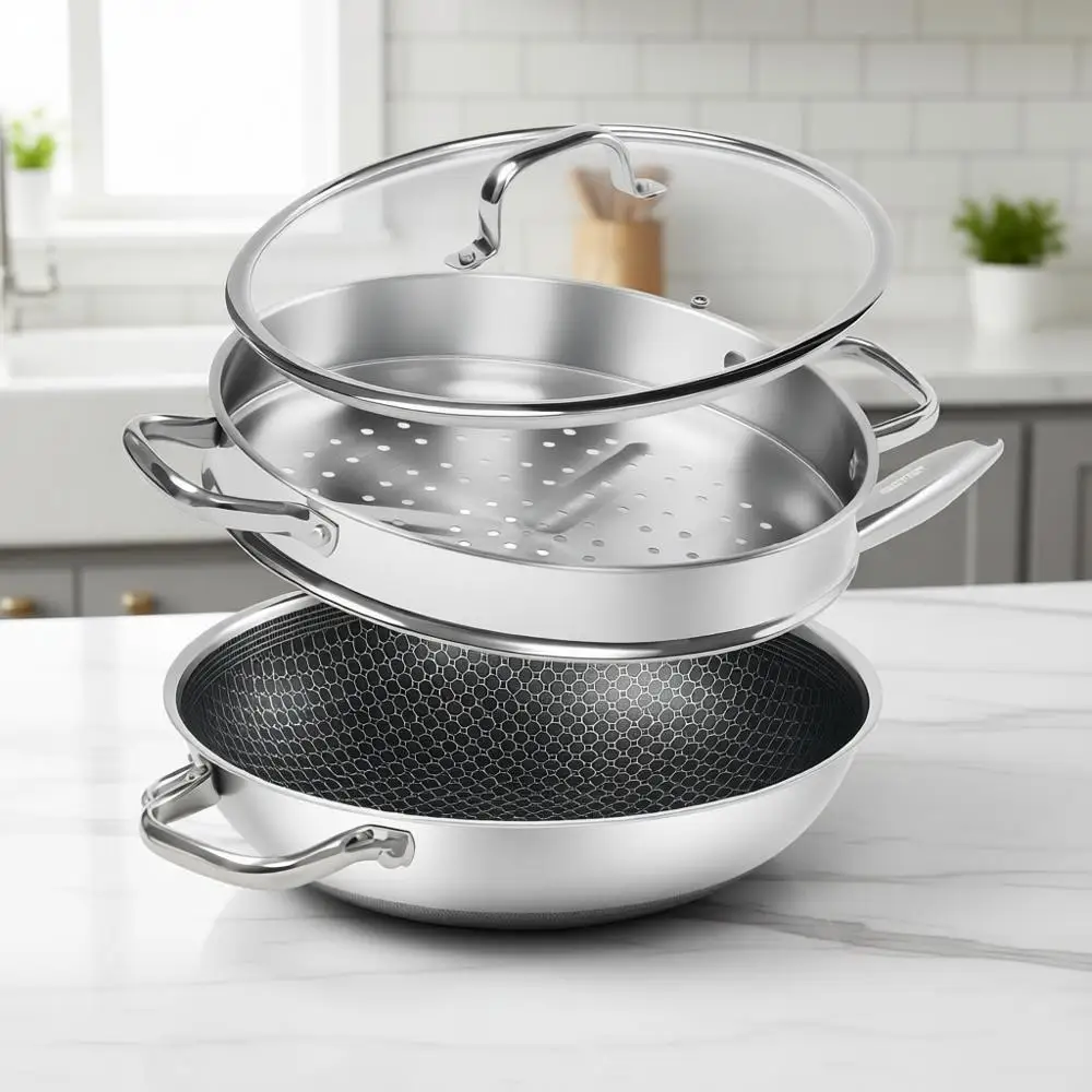 

12-дюймовая сковорода-вок из нержавеющей стали с антипригарным покрытием, пароваркой, крышкой, ручкой, которая не нагревается, подходит для духовки и посудомоечной машины, совместима с индукционными плитами