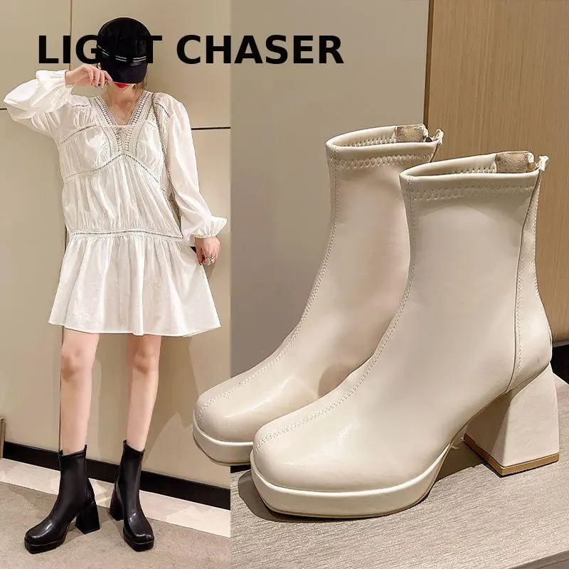 

French Short Boots Women's Spring And Autumn Single Boots New Thick Heel High -heeled High -size Elasticity Chelsea Women's Boot