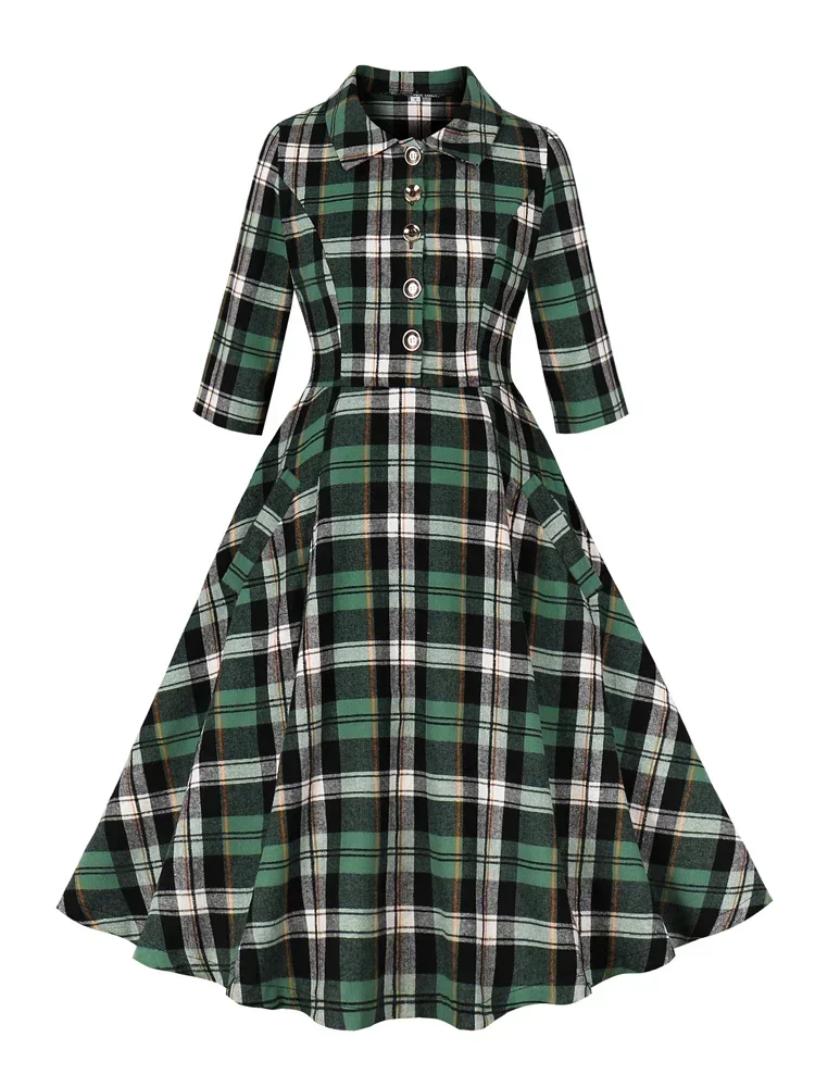 2025 New Hepburn Retro Turn-Down Collar Plaid Rockabilly Christmas Dresses Women Winter 3/4 Length Sleeve Pockets Elegant Dress